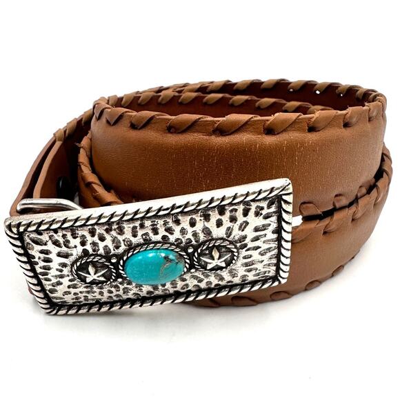 REFLEXIONS by MONTANA unisex leather belt with turquoise on buckle  men women main image 5